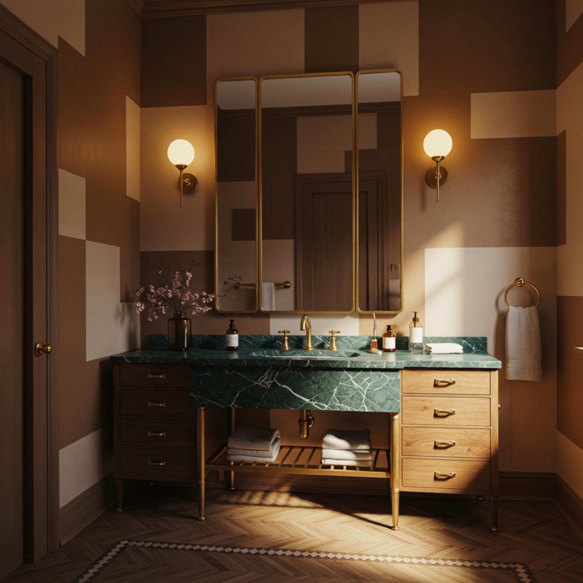 This vanity blends rich walnut cabinetry and a Verde Guatemala marble top, designed to elevate upscale interiors.